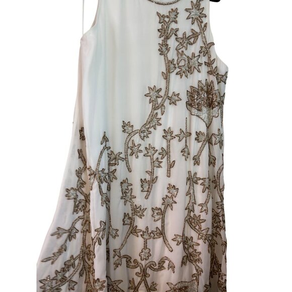 Badgley Mischka Beaded White & Gold High Neckline Swing Shift Style Dress Size 8 - Picture 7 of 12